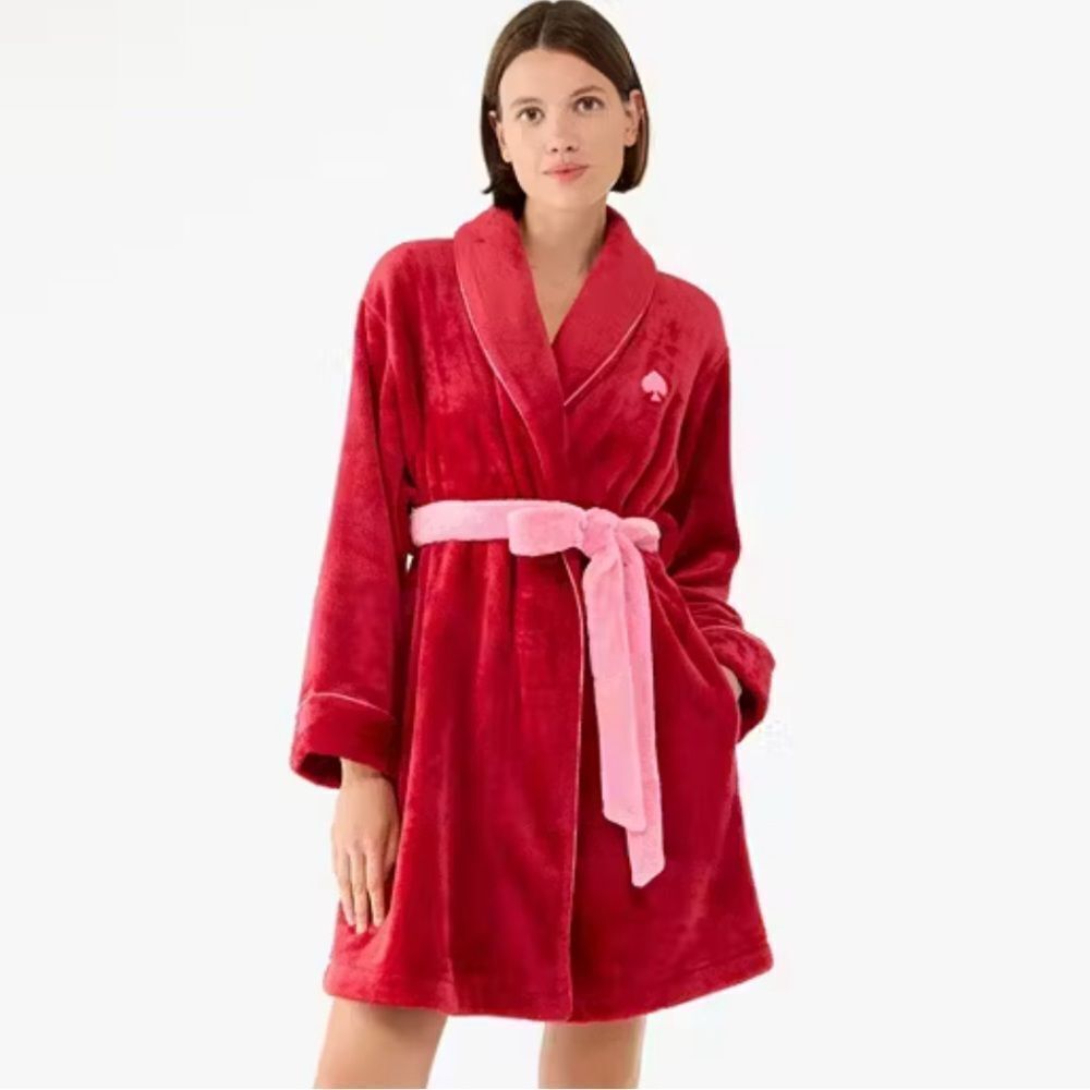Kate spade women’s medium chenille plush robe red/pink  short‎ tie front lounge